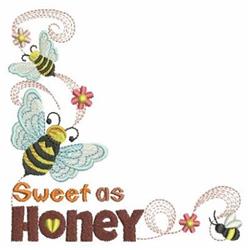 Three playful bees buzz around soft pink and yellow flowers in a cheerful spring scene with 'Sweet as Honey' text.