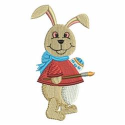Cheerful bunny in a red shirt and blue scarf, holding a paintbrush and decorated egg, perfect for Easter.