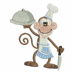 Cheerful monkey in a blue chef hat and apron, holding a serving dish and knife. Playful cartoon style.