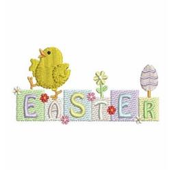 Applique chick joyfully running beside colorful 'EASTER' letters and a decorated egg, perfect for Easter.