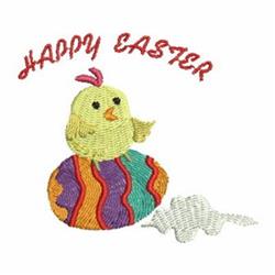 Cute chick with pink crest on a colorful Easter egg featuring vibrant stripes, celebrating spring.