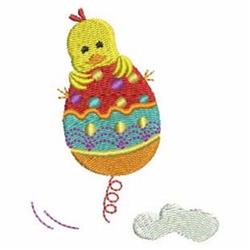 Playful yellow chick atop a colorful Easter egg, with a whimsical cloud below and a swirling tail.
