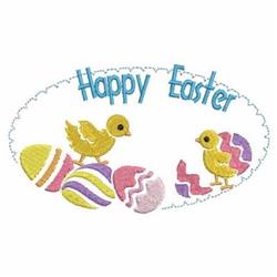 Playful design with two yellow chicks near colorfully decorated Easter eggs and 'Happy Easter' text.