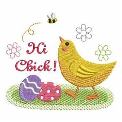 Cheerful yellow chick on green grass with vibrant Easter eggs and a buzzing bee, capturing a festive Easter theme.