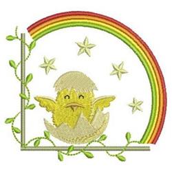Cheerful chick hatching from an egg, adorned with a bright rainbow, playful stars, and green vines for Easter.