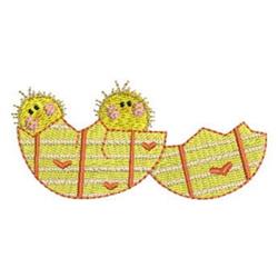 Two cheerful chicks in bright yellow with pink cheeks peek from colorful eggshell halves, perfect for playful Easter decor.