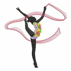 Stylized dancer silhouette with colorful flowers and a flowing red ribbon, showcasing elegance and motion.