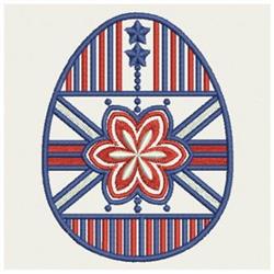 Colorful decorative egg features a central flower, stripes, and stars, perfect for festive Easter celebrations.