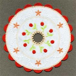 FSL decorative circular lace element featuring a red scalloped edge, white background, and intricate floral motifs.