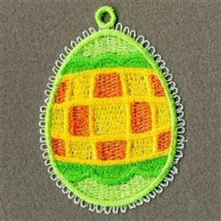 FSL Easter egg in vibrant green with a yellow and orange checkerboard pattern and delicate white lace border, perfect for Eas