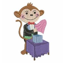 Cartoon monkey with a bowtie plays on a colorful table with blocks and a pink cloth, perfect for kitchen towels.