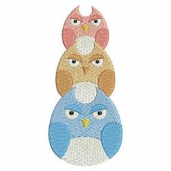 Playful applique design featuring three stacked owls in pink, tan, and blue, each with unique expressions.