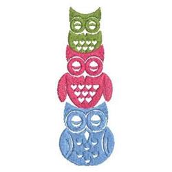 Playful stack of colorful owls: green, pink, and blue, each with unique patterns like hearts. Perfect for cheerful decor.