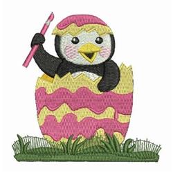 Playful penguin peeking from a pastel pink and yellow Easter egg, surrounded by vibrant green grass, perfect for Easter.