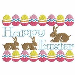 Playful rabbit scene with two brown bunnies beside colorful pink, yellow, and blue Easter eggs, perfect for spring decor.