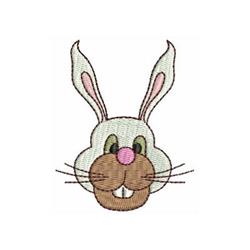 Cartoon rabbit head with floppy pink ears and brown nose, featuring playful expression for Easter.