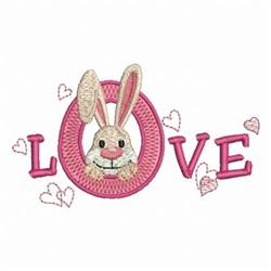 Whimsical rabbit peeks through 'O' in 'LOVE', surrounded by hearts for Easter. Soft pastel colors enhance the festive design.