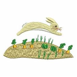 Playful rabbit hopping over bright orange carrots in a colorful spring vegetable patch, perfect for embroidery.
