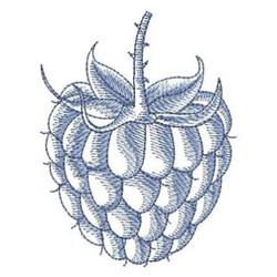 Realistic raspberry with a textured blue tone, featuring distinct sections and leafy stem.