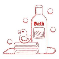 Redwork bottle of bath product with 'Bath' label, rubber duck on stacked towels, and playful bubbles.