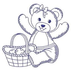 Redwork bear with raised arms and joyful expression beside a basket of decorated eggs, perfect for Easter.