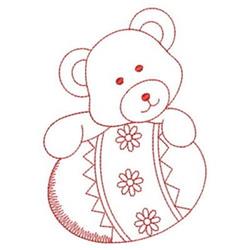 Redwork bear joyfully hugs a decorated egg surrounded by flowers, perfect for Easter festivities.