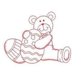 Redwork bear hugging a colorful Easter egg with wavy patterns, featuring a simple and cute design for Easter.