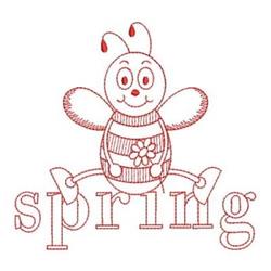 Redwork bee with a happy expression and colorful stripes, jumping above playful 'spring' text.