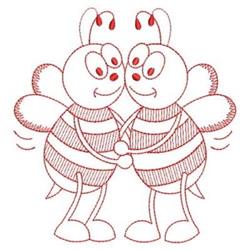 Redwork cartoon bees with smiling expressions, holding hands and outlined in red thread, create a whimsical scene.