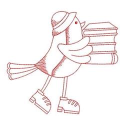Redwork bird happily balancing books in its wings, wearing oversized shoes and a playful hat.