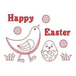 Redwork bird walking beside a decorated Easter egg, featuring vibrant red details against white, celebrating Easter.