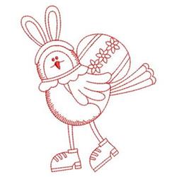 Redwork bird with bunny ears and boots, joyfully holding an Easter egg on a white background.
