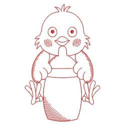Redwork bird with playful expression and large head, outlined in red with a simple body design.
