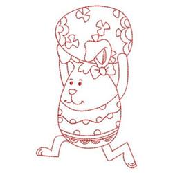 Redwork bunny balancing a decorated Easter egg with floral patterns, cheerful expression, whimsical style.