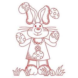 Redwork bunny in a polka dot dress joyfully holds colorful Easter eggs, surrounded by lush grass for a festive spring feel.
