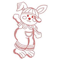 Redwork bunny character in playful overalls, waving with a cheerful posture, perfect for Easter decor.