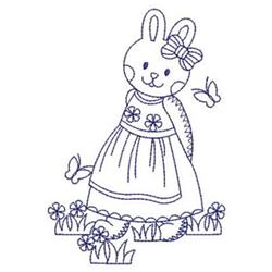 Redwork bunny in a floral dress with a bow, surrounded by butterflies and flowers for a cute Easter theme.
