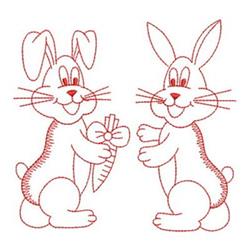 Redwork two cheerful cartoon rabbits, one with a bow holding a bright carrot, perfect for Easter festivities.