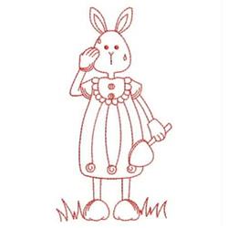 Redwork bunny standing upright in a button-adorned dress, waving while holding a bell, set among grass.
