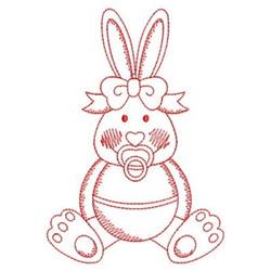 Redwork bunny with large ears, a playful bow, and rosy cheeks, holding a pacifier for Easter charm.