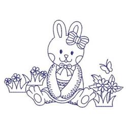 Redwork bunny rabbit with a bow among colorful flowers and a butterfly, perfect for Easter celebrations.