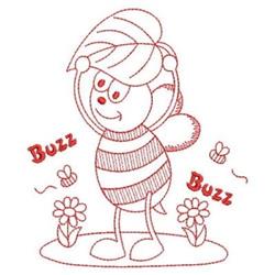 Redwork cheerful cartoon bee with large eyes, striped body, and flowers around it in a playful scene.