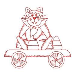 Redwork cat with exaggerated features wearing a bow tie, playfully perched on a whimsical wheeled cart.