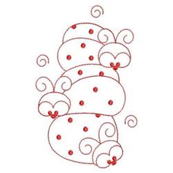 Redwork caterpillar stack with cheerful faces, red dots, and playful curly antennae in a whimsical style.