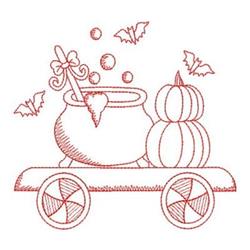 Redwork cauldron design with playful outline, featuring a pumpkin, bubbles, and bats for Halloween.