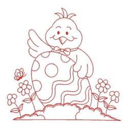 Redwork chick with a bow tie stands by a polka-dotted Easter egg, surrounded by colorful flowers and a butterfly.