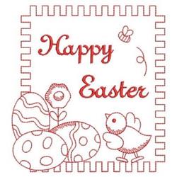 Redwork chick surrounded by decorated Easter eggs and a flower with 'Happy Easter' text, whimsical design.