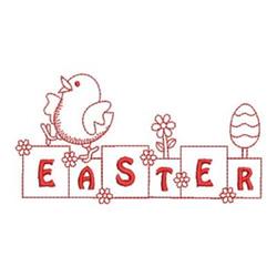 Redwork chick atop 'EASTER' letters, surrounded by playful flowers and a decorated egg, perfect for Easter.