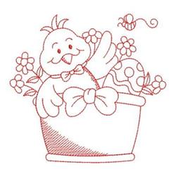 Redwork cheerful chick in a flower pot, waving its wing, with vibrant flowers, an Easter egg, and a buzzing bee.
