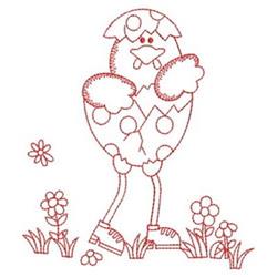 Redwork cartoonish chick emerging from a cracked egg with oversized shoes, surrounded by flowers and grass, perfect for Easte